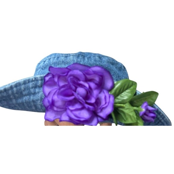 The Unbranded Brand Accessories - Vintage Denim Bucket Hat w/ Purple Floral & Greenery Accents Boho Cottagecore
